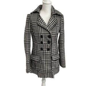 Iz Byer Women's Medium Black & White Plaid  Houndstooth Double-Breasted Pea Coat